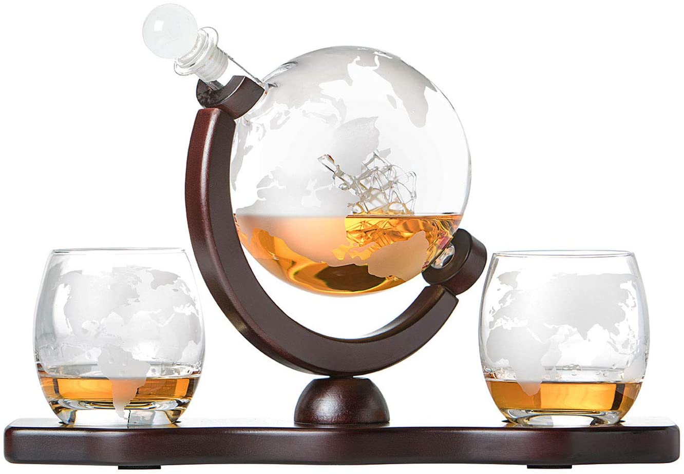 Sklenice na whisky +gravírováná karafa s lodi globus