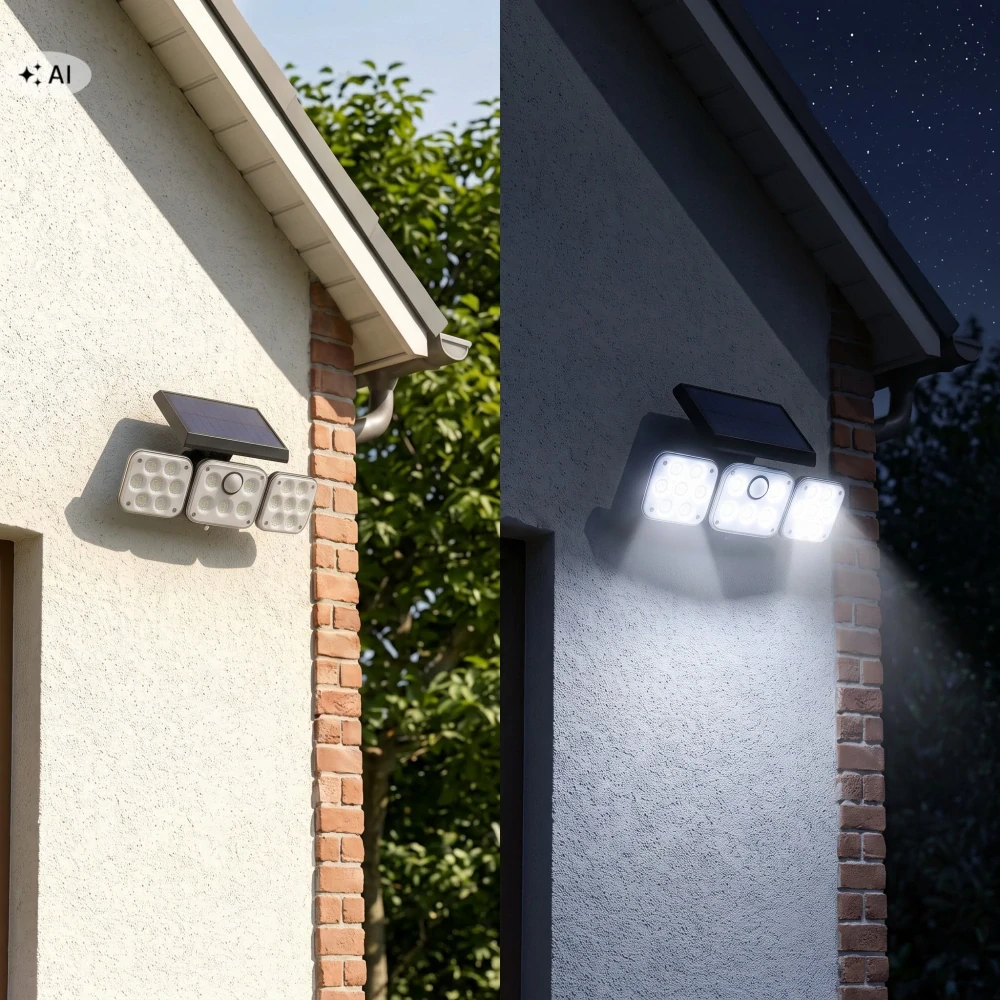 Solární LED reflektor s pohybovým a soumrakovým senzorem, venkovní, 3 nastavitelné moduly